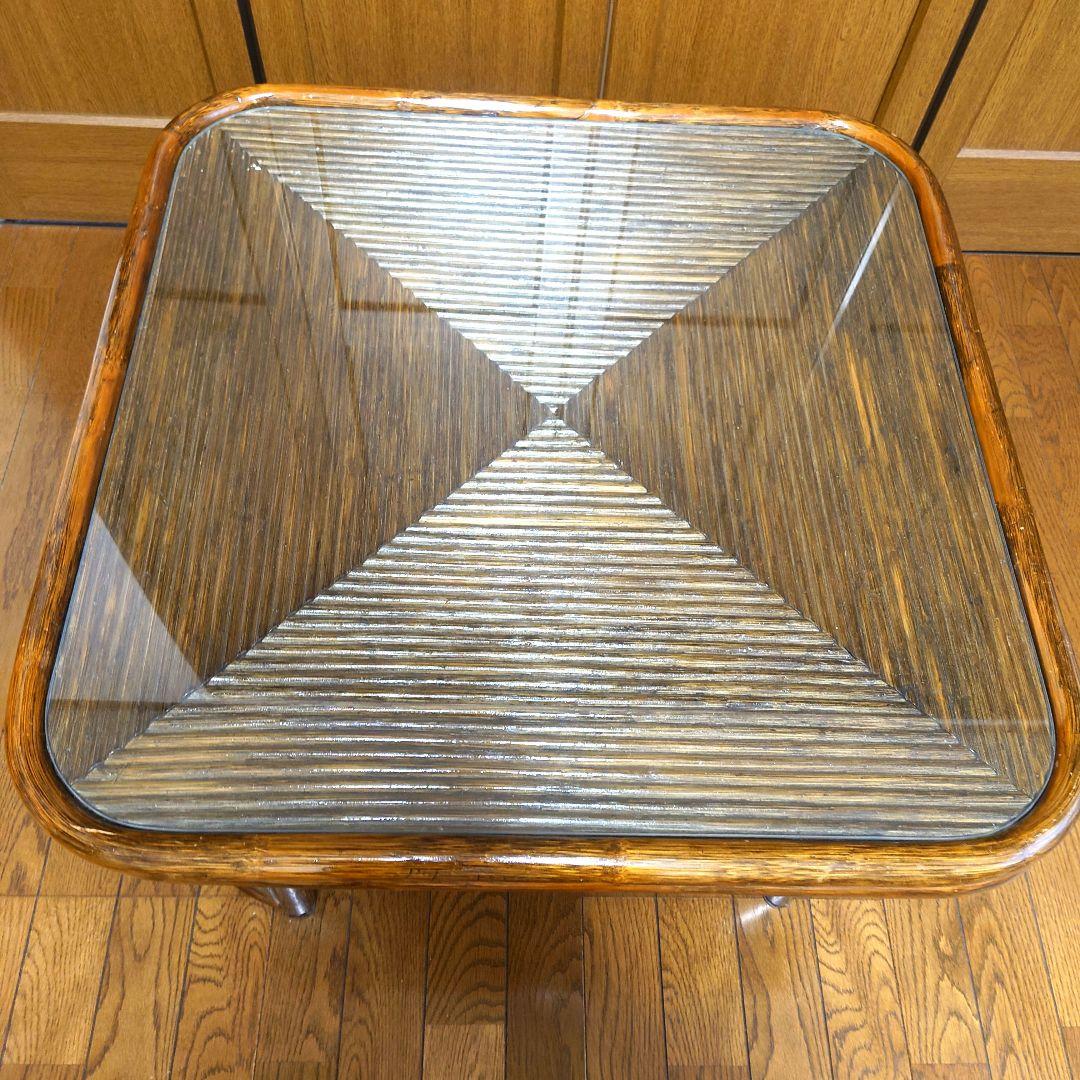 ラタン　籐　座卓　80X80 センターテーブル　ガラス天板　こたつ　ヴィンテージ