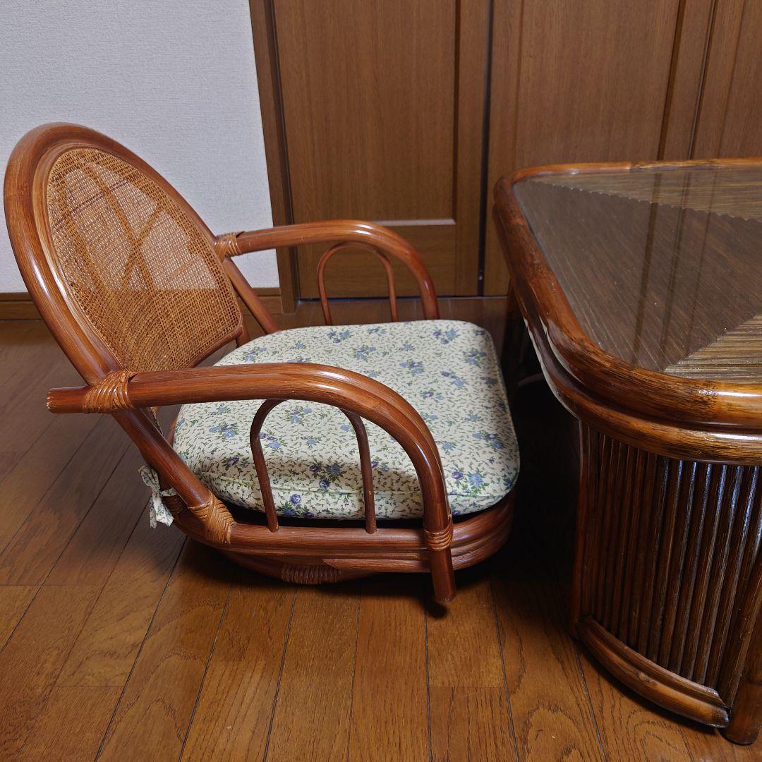 ラタン　籐　座卓　80X80 センターテーブル　ガラス天板　こたつ　ヴィンテージ