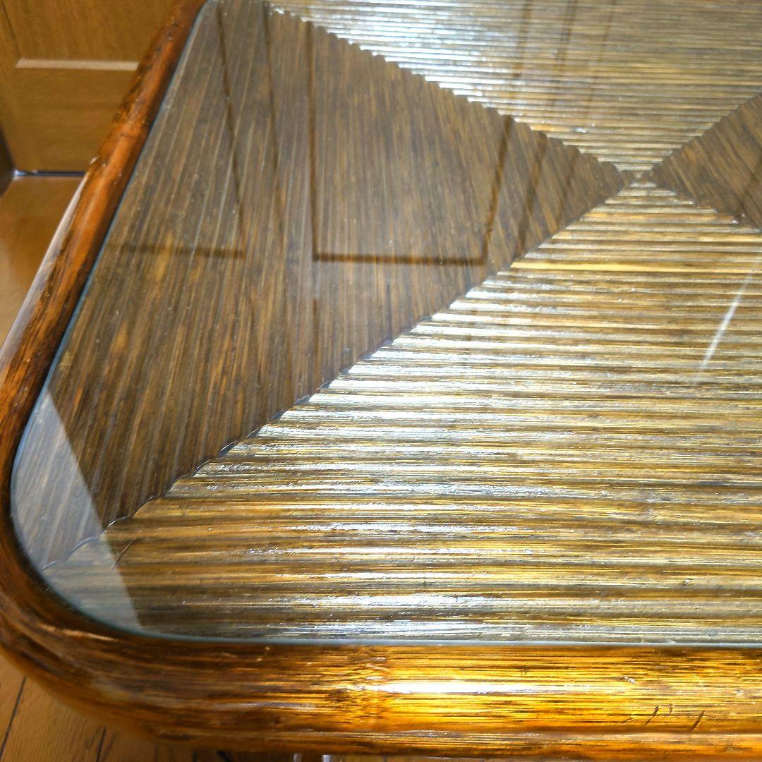 ラタン　籐　座卓　80X80 センターテーブル　ガラス天板　こたつ　ヴィンテージ