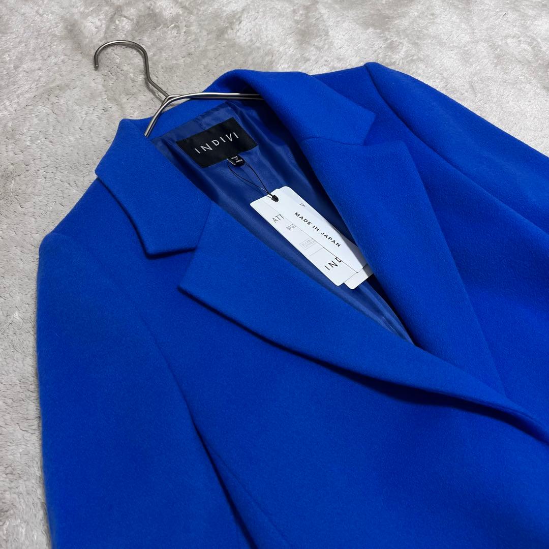 新品　インディヴィ　ウール100%チェスターコート　ブルー　36