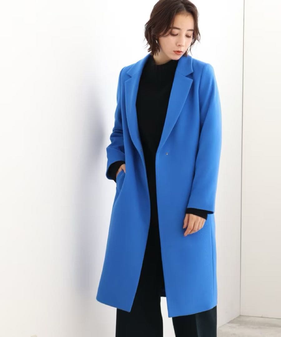 新品　インディヴィ　ウール100%チェスターコート　ブルー　36