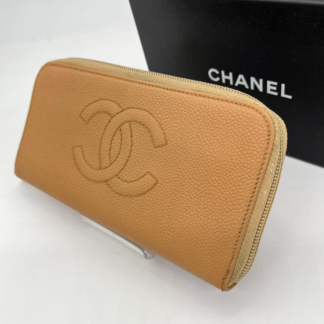 CHANEL 長財布 ラウンドファスナー ココマーク キャビアスキン ベージュ