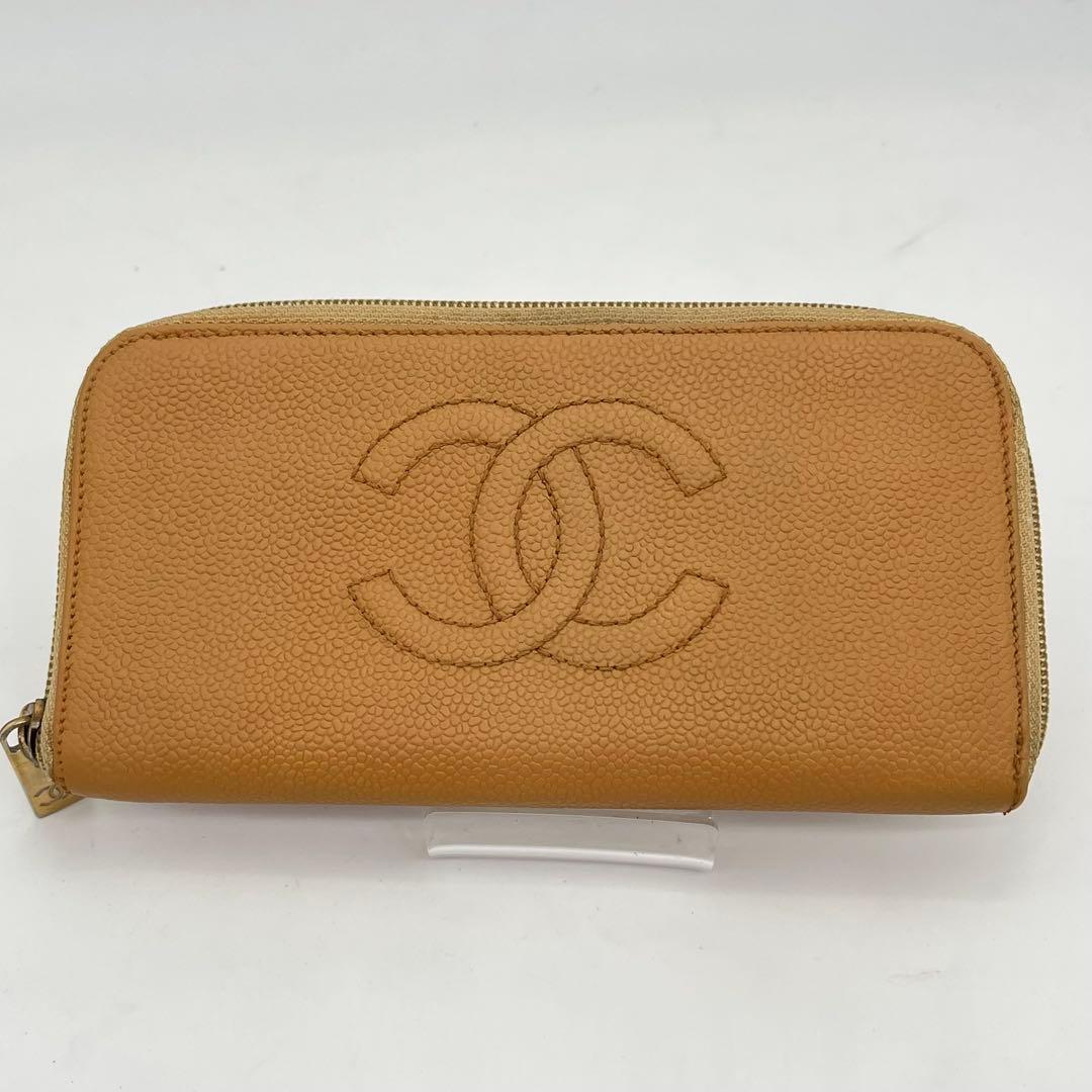 CHANEL 長財布 ラウンドファスナー ココマーク キャビアスキン ベージュ