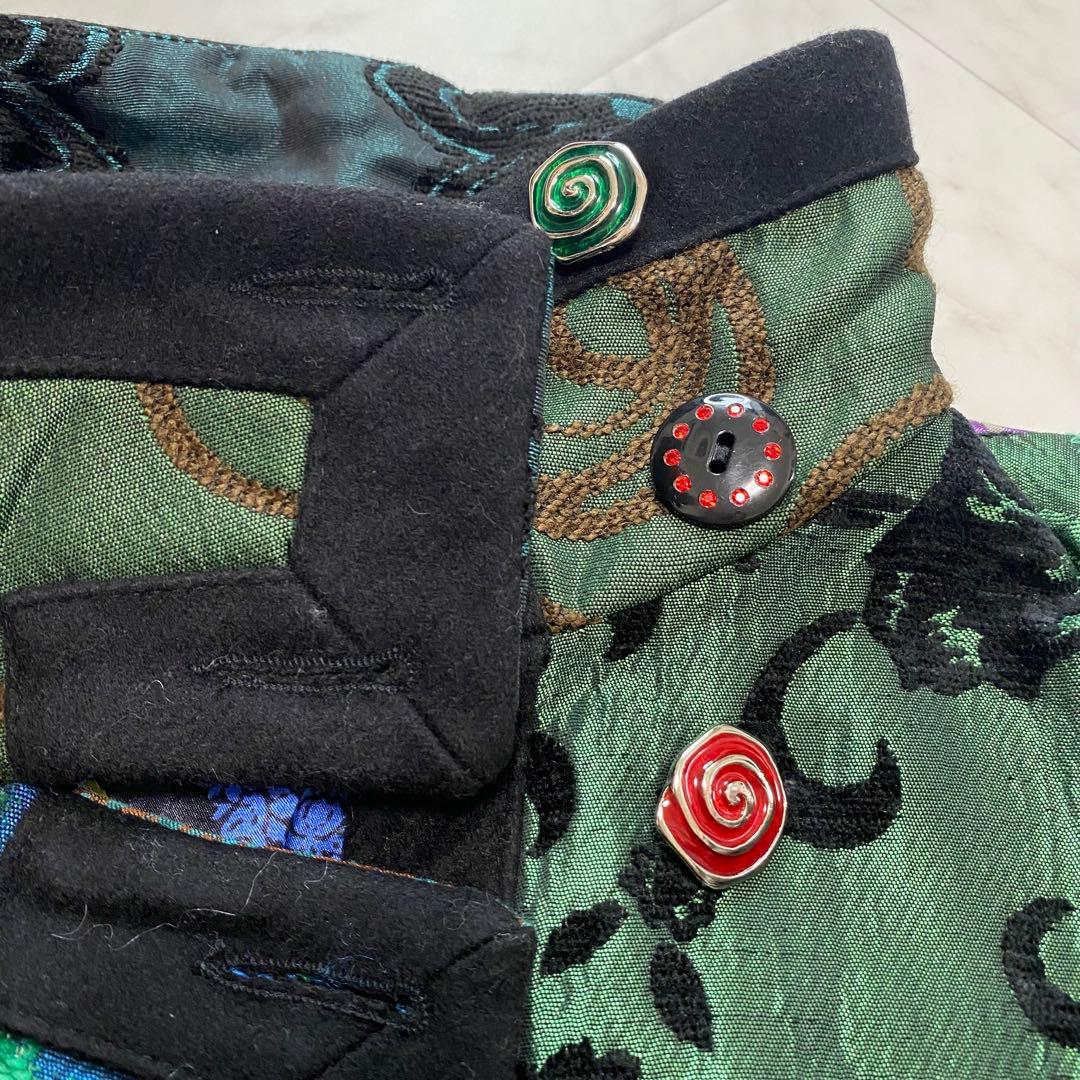 Desigual 総柄　異素材切り替え　ステンカラーコート　飾りボタン