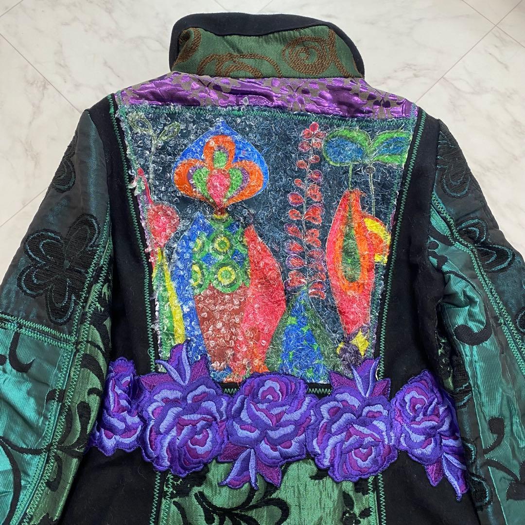 Desigual 総柄　異素材切り替え　ステンカラーコート　飾りボタン