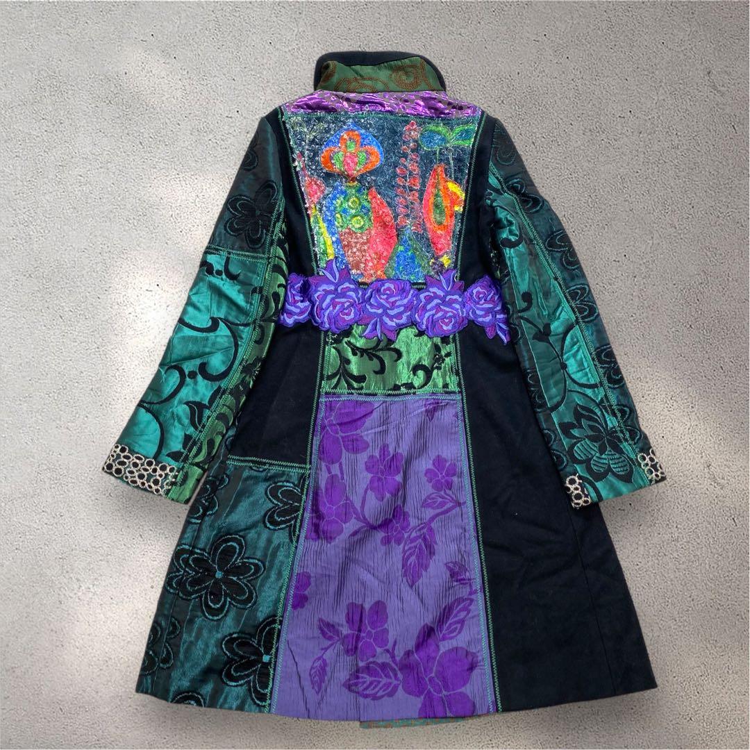 Desigual 総柄　異素材切り替え　ステンカラーコート　飾りボタン