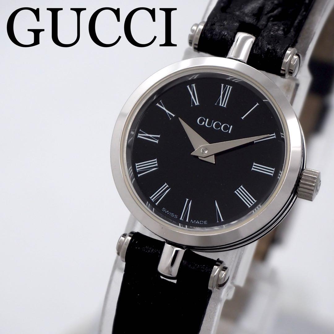 448 稼働【美品】GUCCI時計　レディース ブラック シルバー サイドライン