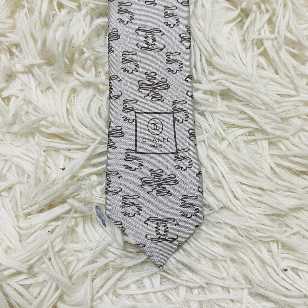 【未使用級】シャネル CHANEL ネクタイ ロゴ ココマーク シルク シルバー