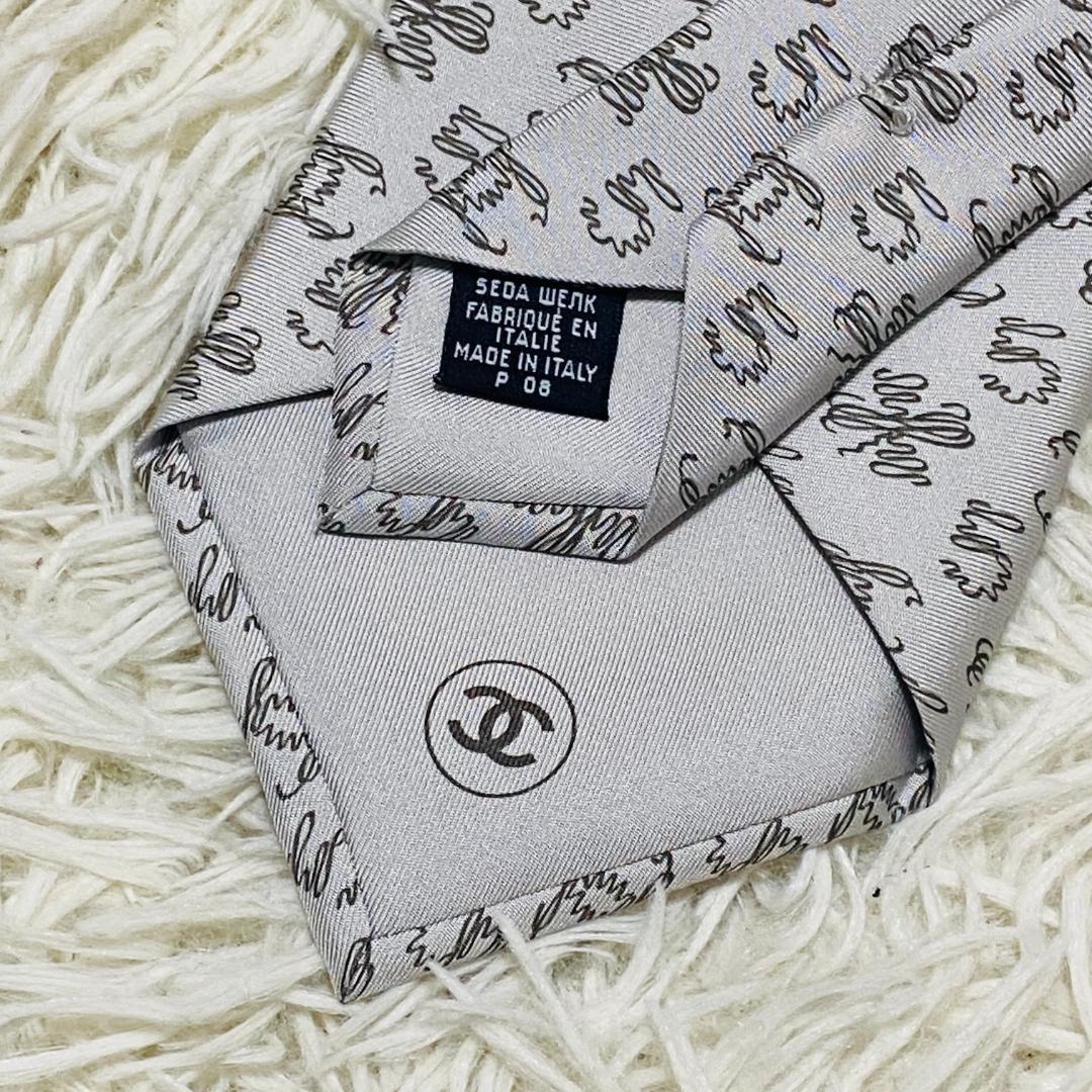【未使用級】シャネル CHANEL ネクタイ ロゴ ココマーク シルク シルバー