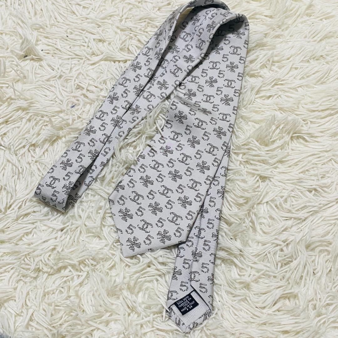 【未使用級】シャネル CHANEL ネクタイ ロゴ ココマーク シルク シルバー