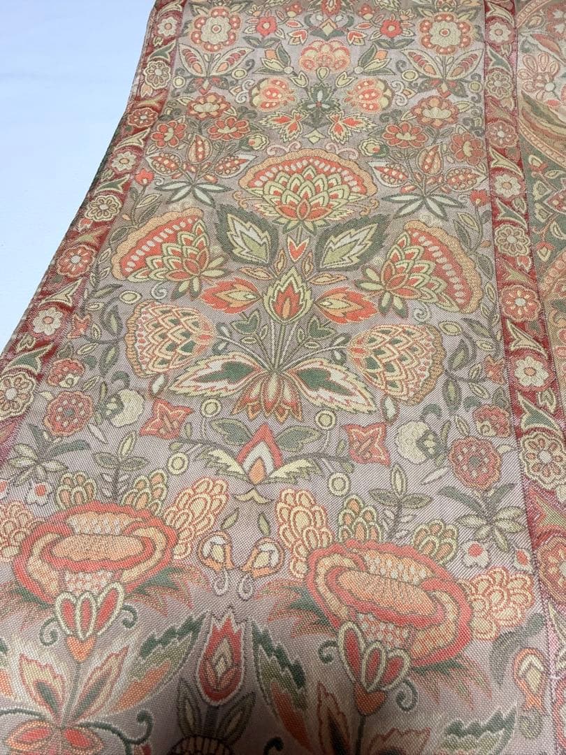 高級 袋帯 正絹 六通柄 更紗花文 オレンジ 洒落帯 シャレ帯 小紋 訪問着