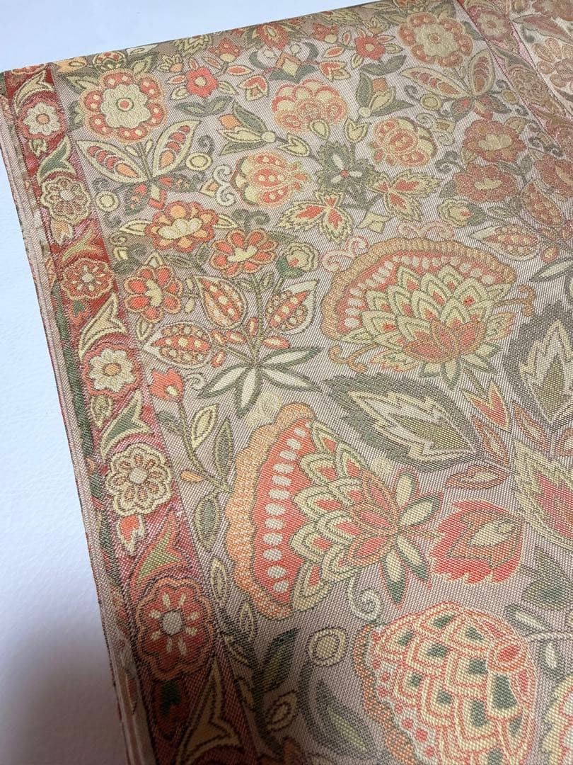 高級 袋帯 正絹 六通柄 更紗花文 オレンジ 洒落帯 シャレ帯 小紋 訪問着