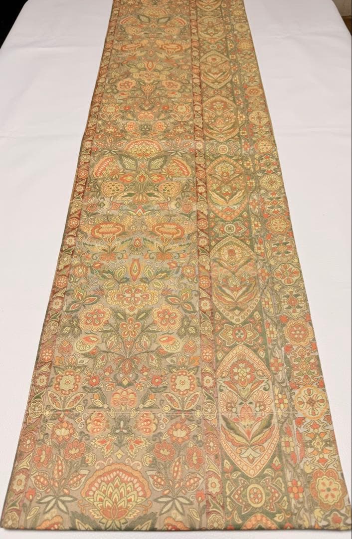 高級 袋帯 正絹 六通柄 更紗花文 オレンジ 洒落帯 シャレ帯 小紋 訪問着