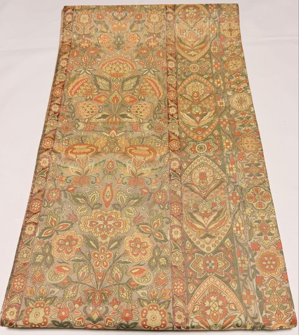 高級 袋帯 正絹 六通柄 更紗花文 オレンジ 洒落帯 シャレ帯 小紋 訪問着