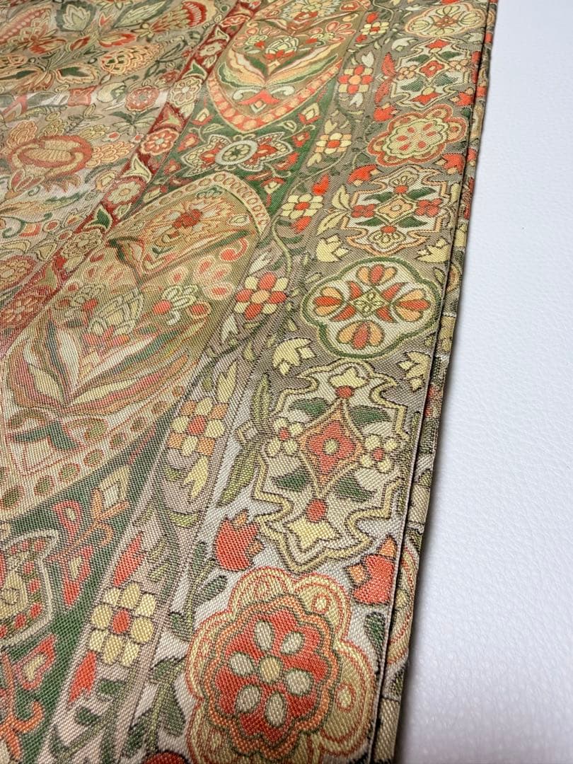 高級 袋帯 正絹 六通柄 更紗花文 オレンジ 洒落帯 シャレ帯 小紋 訪問着