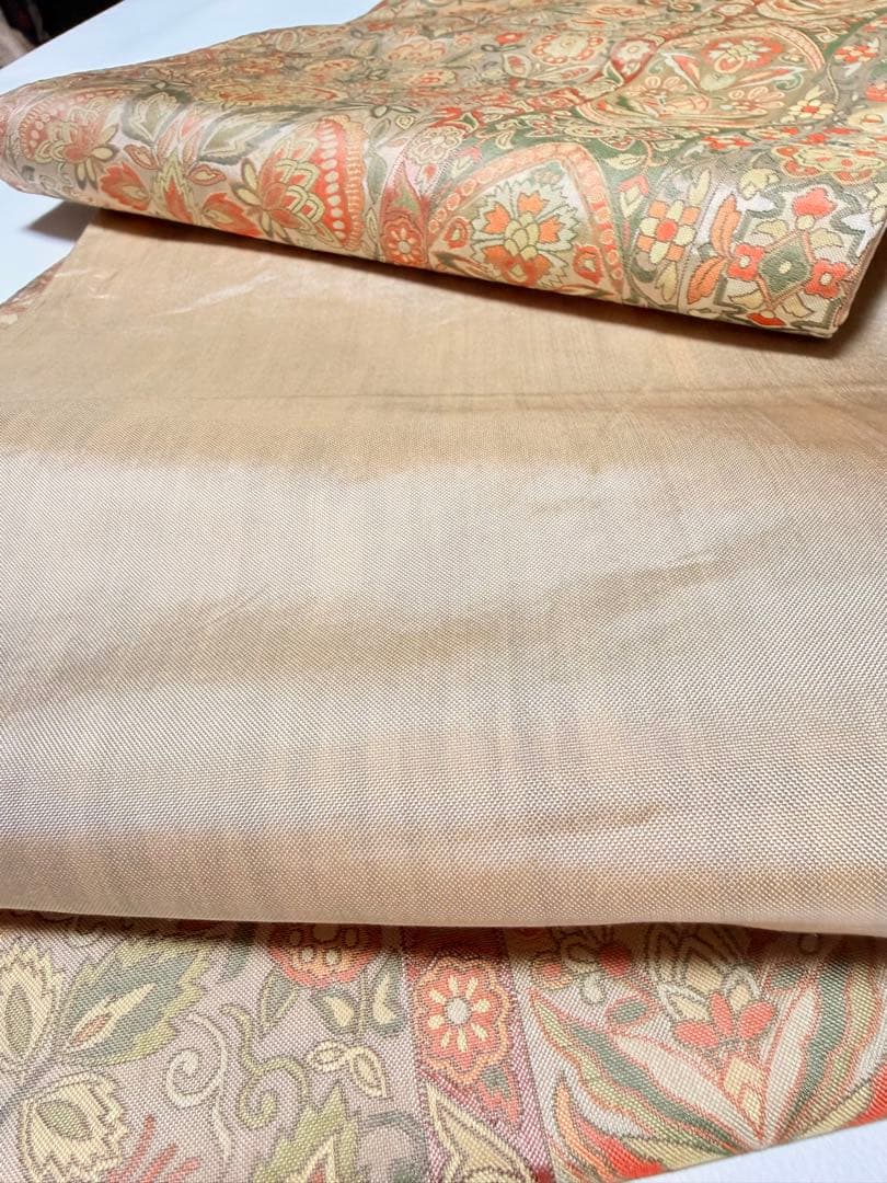 高級 袋帯 正絹 六通柄 更紗花文 オレンジ 洒落帯 シャレ帯 小紋 訪問着