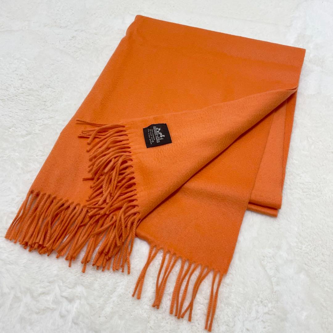 【美品】エルメス カシミヤ100% 刺繍ロゴ 大判ストール オレンジ