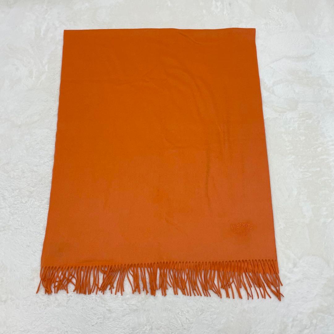 【美品】エルメス カシミヤ100% 刺繍ロゴ 大判ストール オレンジ