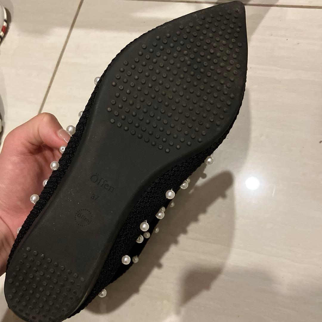 オッフェンOffen黒スカラップパールフラットシューズ【サイズ37】23.5㎝