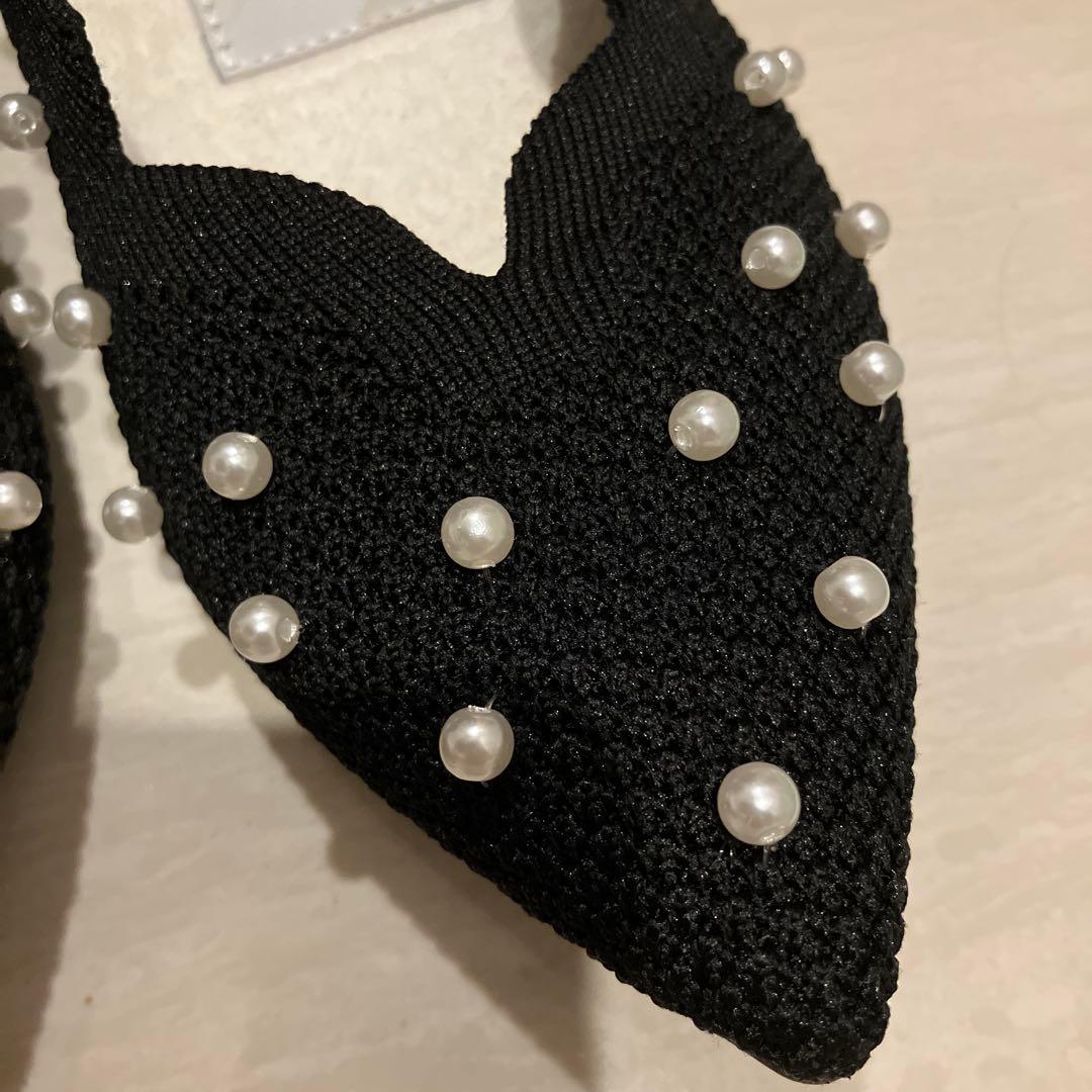 オッフェンOffen黒スカラップパールフラットシューズ【サイズ37】23.5㎝