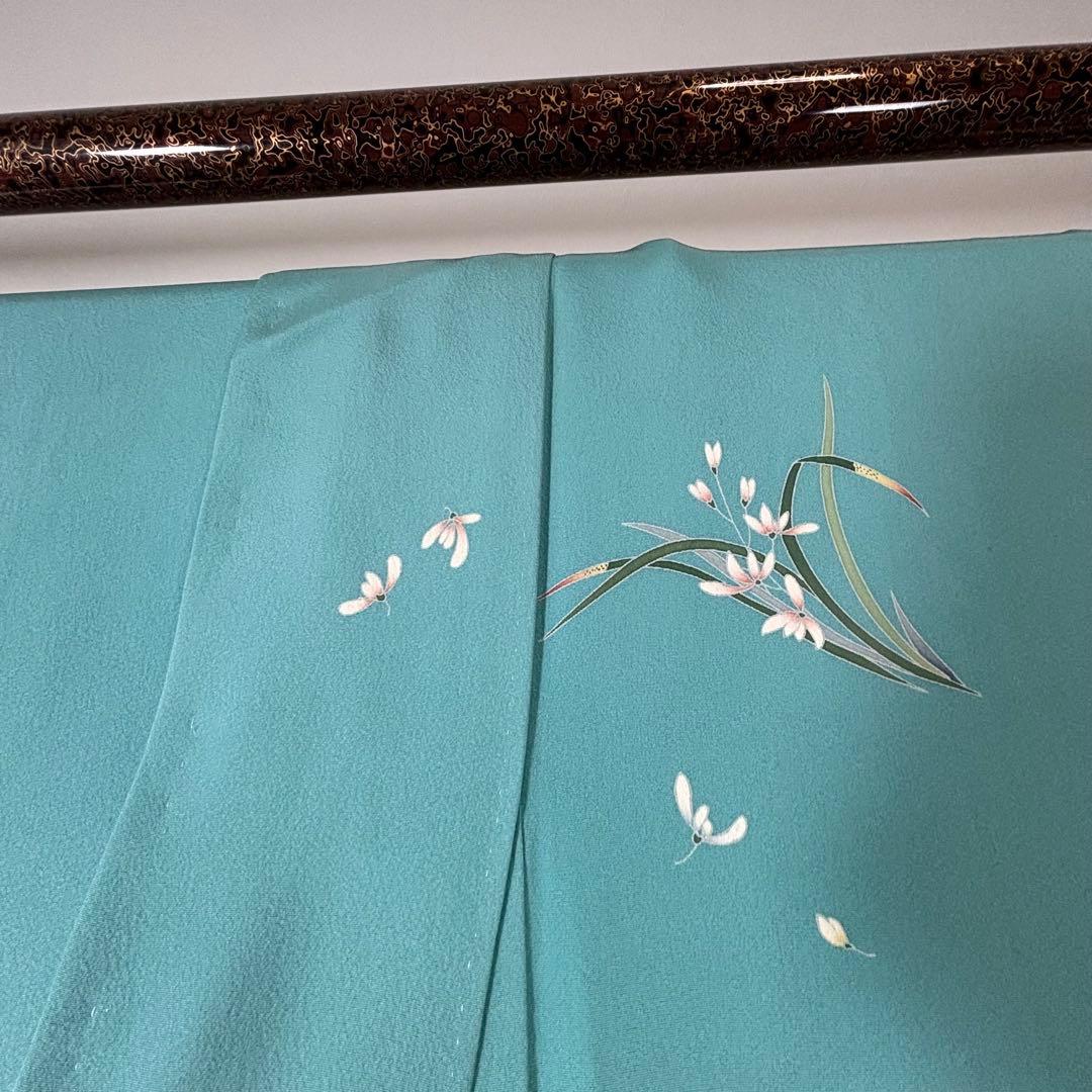 超美品　訪問着　作家物　現代　着物　160 手書き友禅　水浅葱　水色　グレー