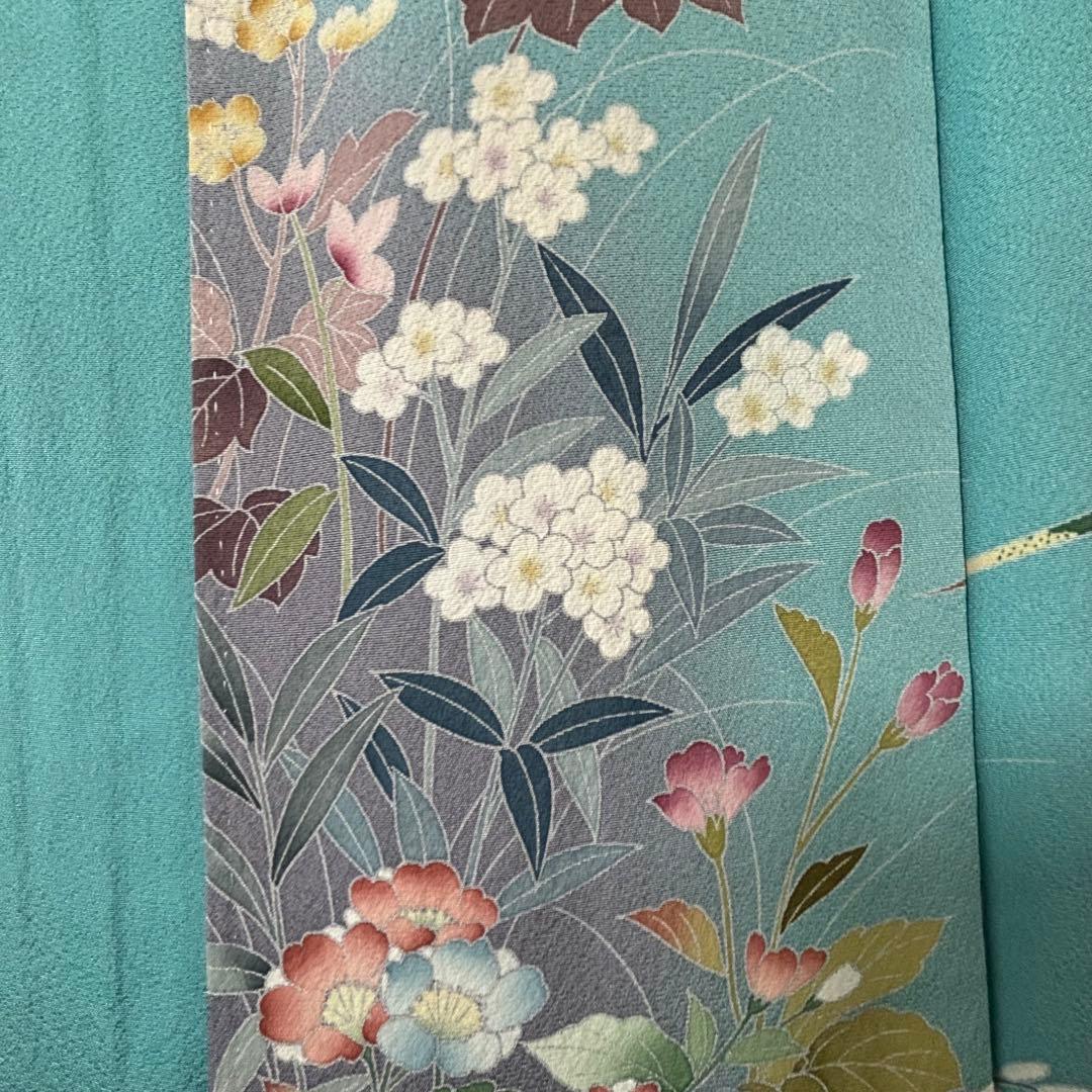 超美品　訪問着　作家物　現代　着物　160 手書き友禅　水浅葱　水色　グレー