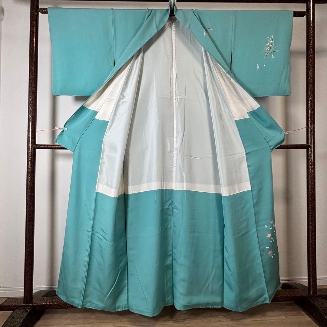 超美品　訪問着　作家物　現代　着物　160 手書き友禅　水浅葱　水色　グレー