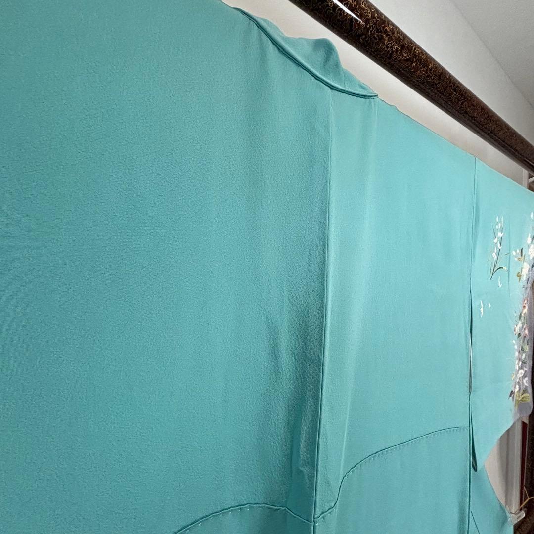 超美品　訪問着　作家物　現代　着物　160 手書き友禅　水浅葱　水色　グレー