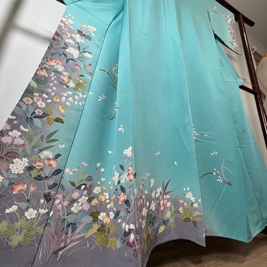 超美品　訪問着　作家物　現代　着物　160 手書き友禅　水浅葱　水色　グレー