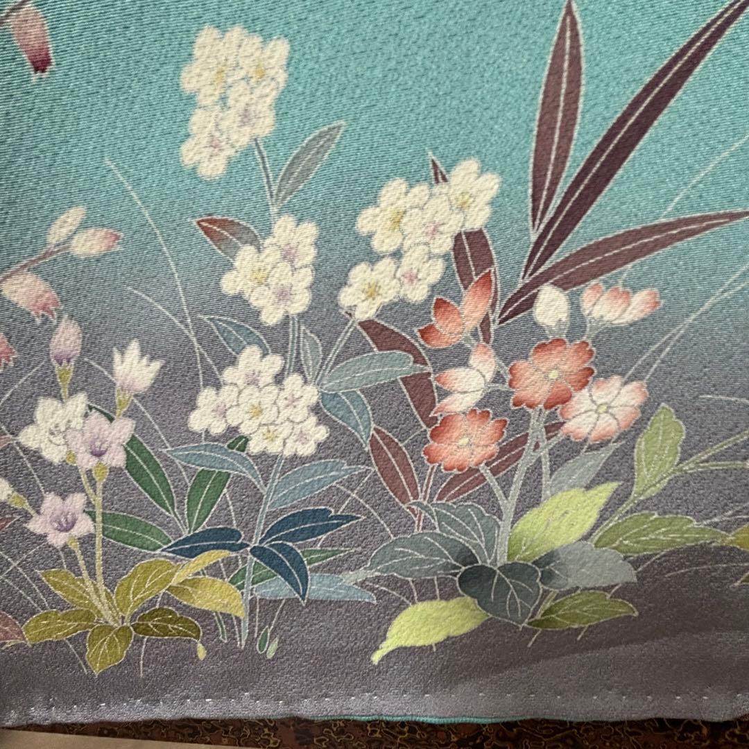 超美品　訪問着　作家物　現代　着物　160 手書き友禅　水浅葱　水色　グレー