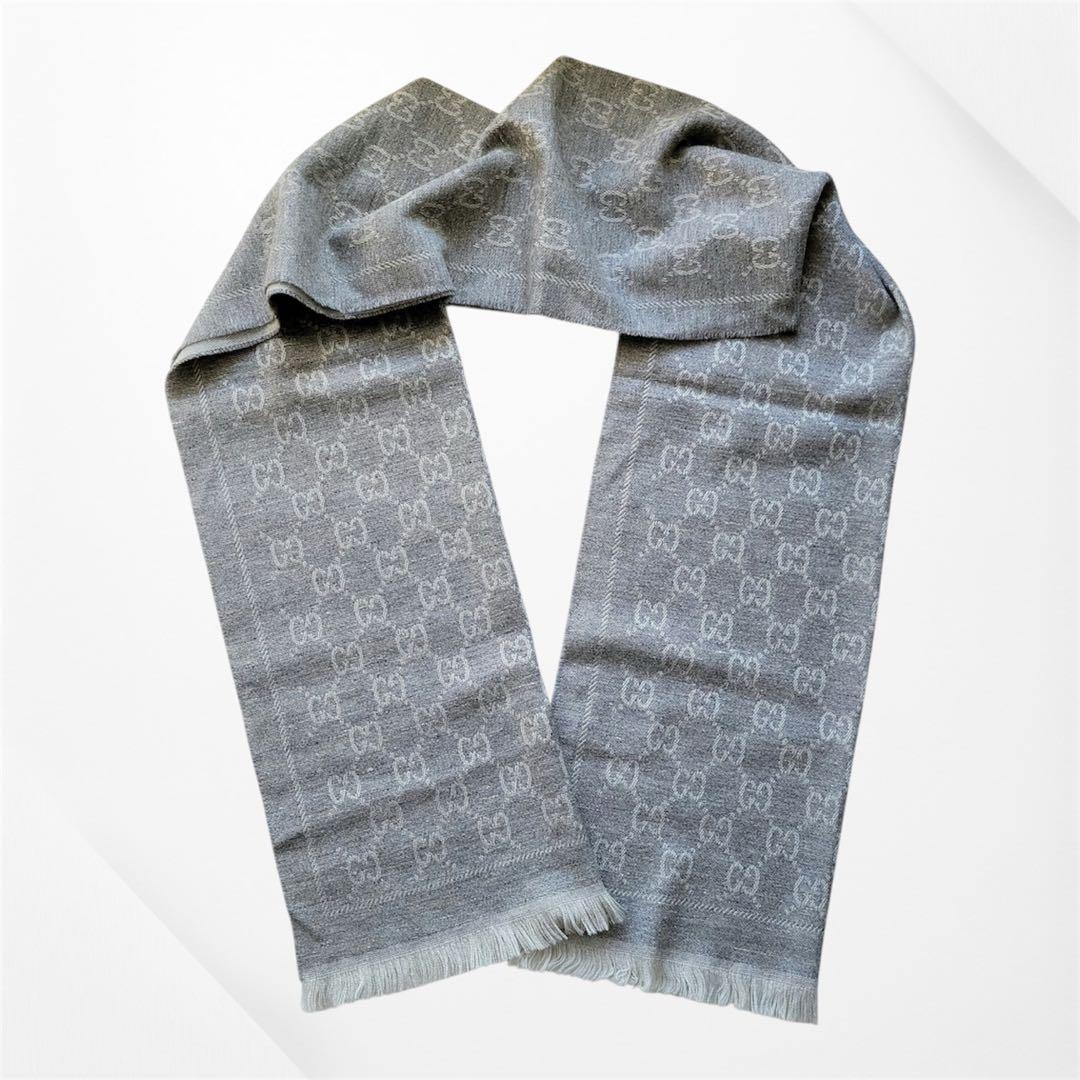 【美品】GUCCI グッチ GG柄 リバーシブル マフラー グレー 美品
