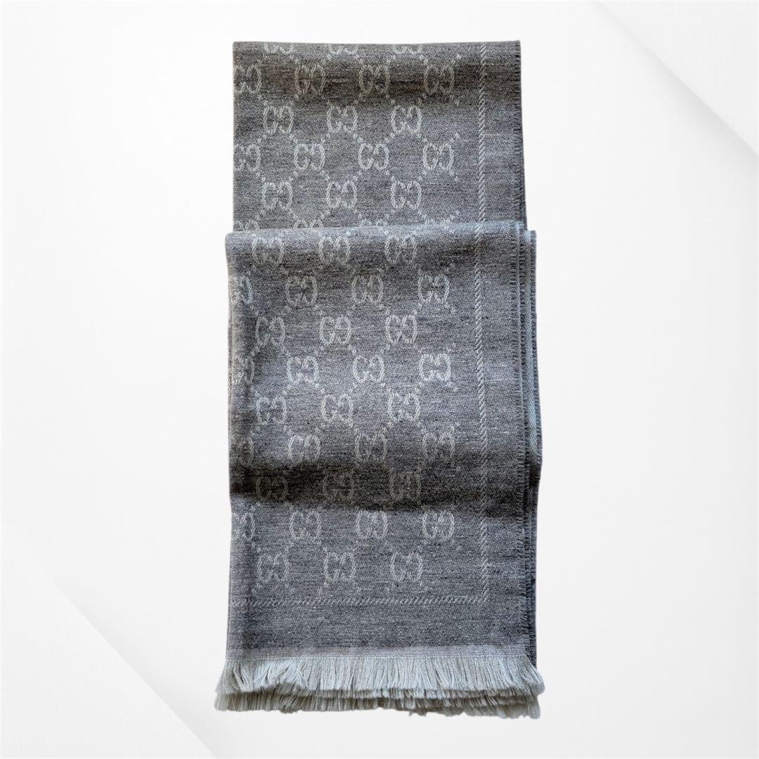 【美品】GUCCI グッチ GG柄 リバーシブル マフラー グレー 美品