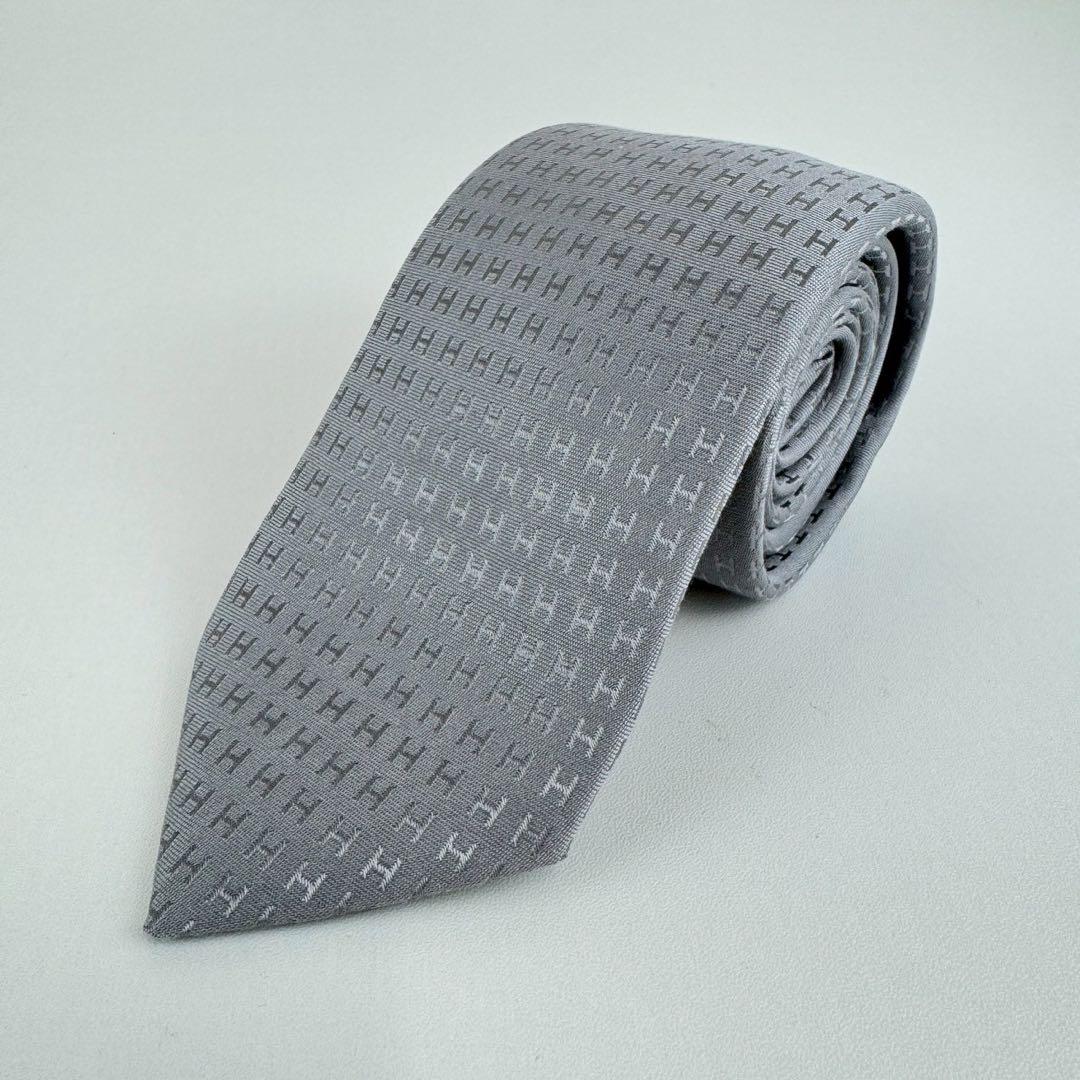 新品未使用　HERMES エルメス　ネクタイ　グレー　シルク　ファソネ　H