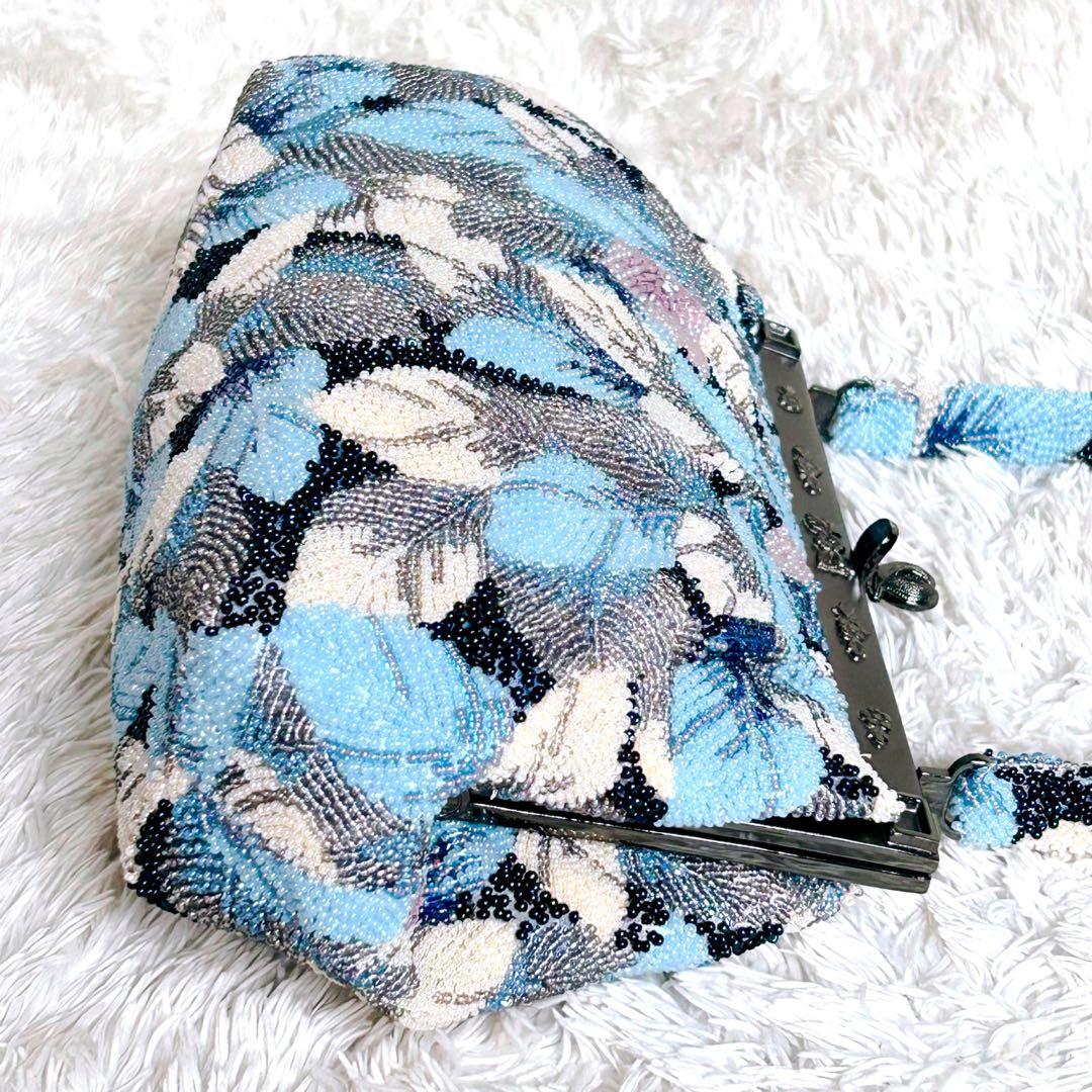 ビーズバッグ ハンドバッグ 手刺繍 葉っぱ 和装 レトロ ヴィンテージ ブルー