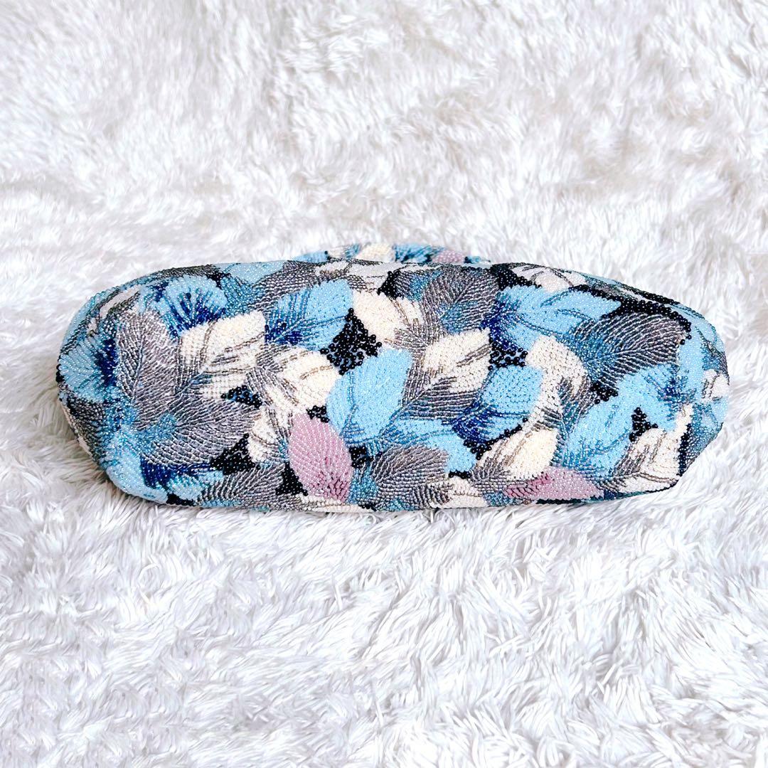 ビーズバッグ ハンドバッグ 手刺繍 葉っぱ 和装 レトロ ヴィンテージ ブルー