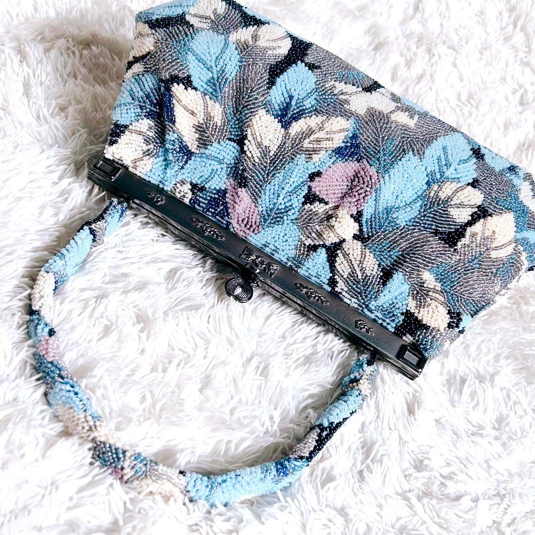 ビーズバッグ ハンドバッグ 手刺繍 葉っぱ 和装 レトロ ヴィンテージ ブルー