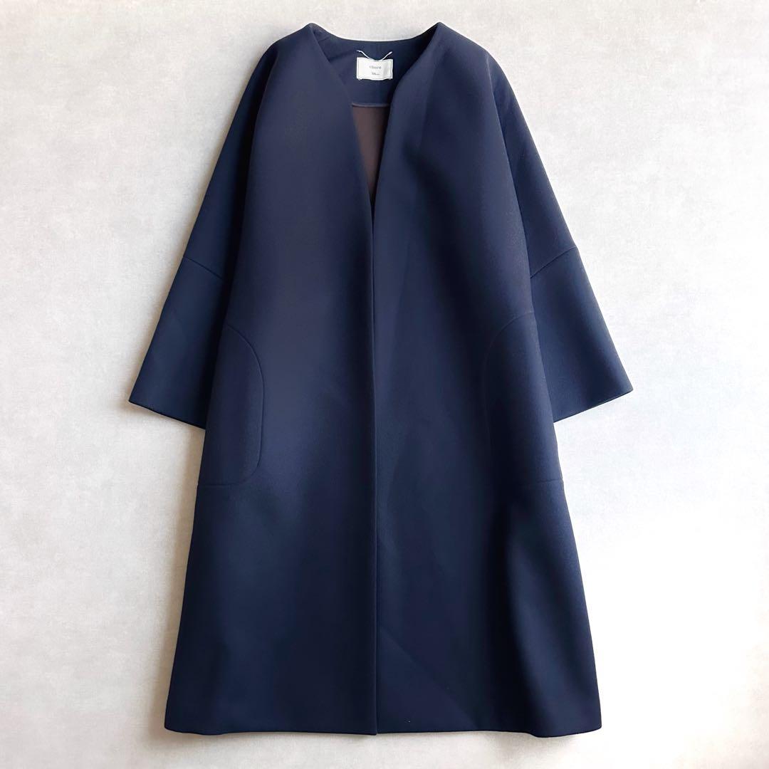 極美品▲ebure × ロンハーマン//ノーカラーウールボンディングコート▲紺色