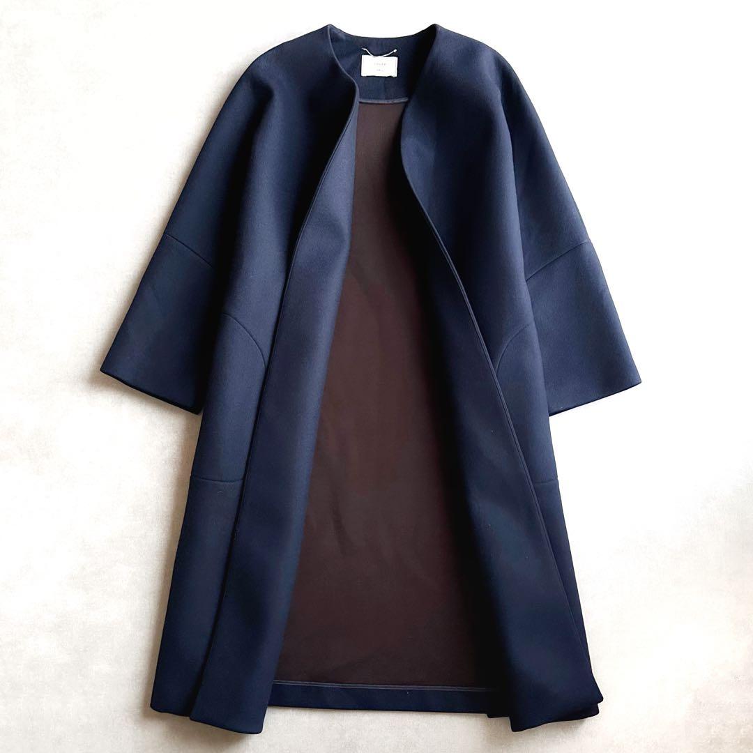 極美品▲ebure × ロンハーマン//ノーカラーウールボンディングコート▲紺色
