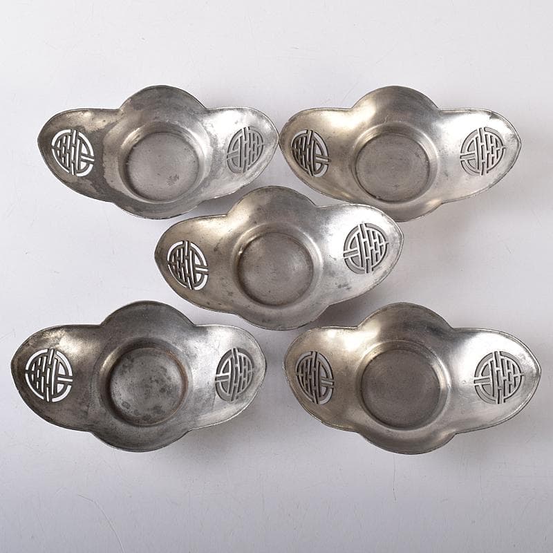 煎茶道具　古錫　鮎銅銘　透かし喜字文　木瓜式　茶托　五客　D　R8421