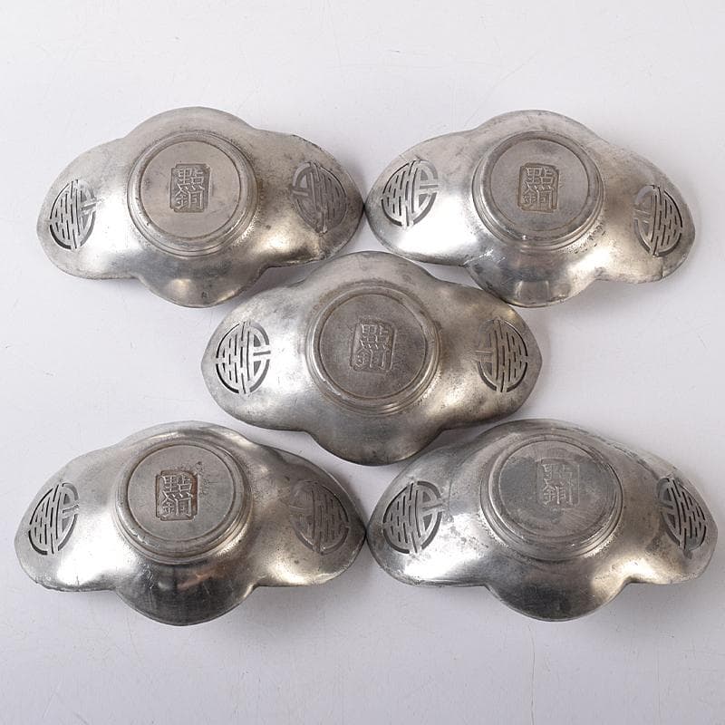 煎茶道具　古錫　鮎銅銘　透かし喜字文　木瓜式　茶托　五客　D　R8421