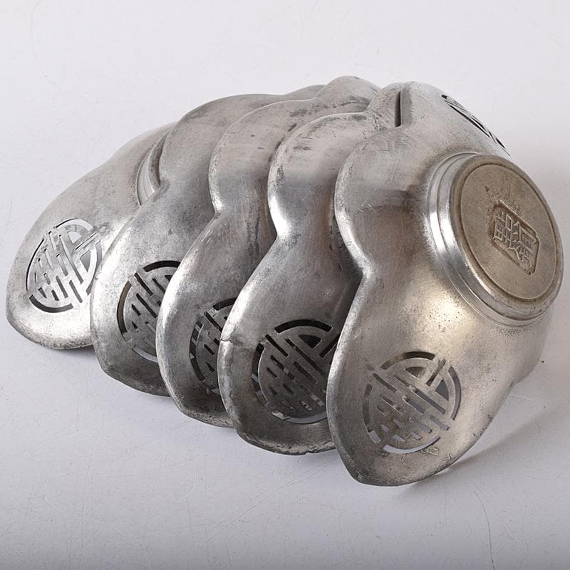 煎茶道具　古錫　鮎銅銘　透かし喜字文　木瓜式　茶托　五客　D　R8421