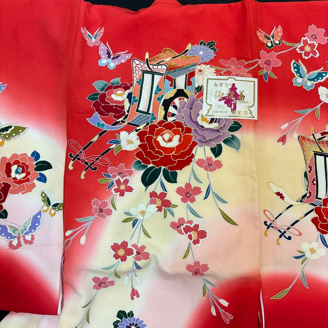 新品☆最高級正絹産着（祝着）特選京友禅手描き美術特選染古典豪華花御所車四季花本金