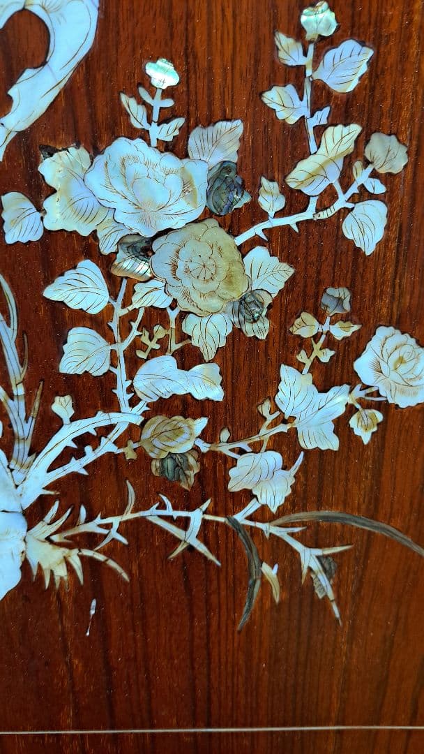 螺鈿細工　木彫り衝立　アンティーク