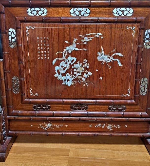 螺鈿細工　木彫り衝立　アンティーク