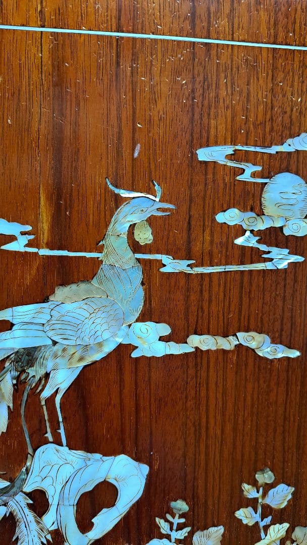 螺鈿細工　木彫り衝立　アンティーク