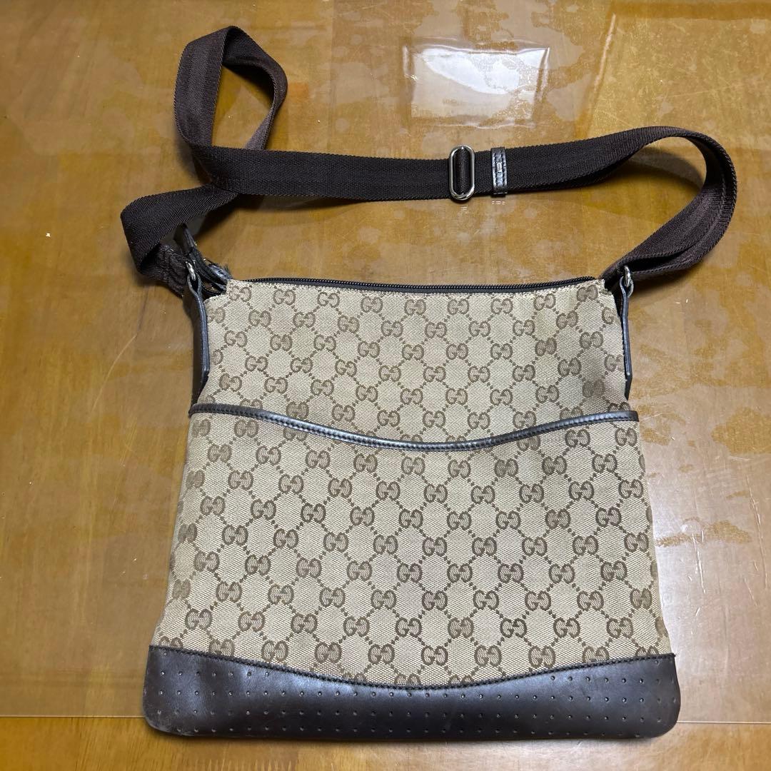 グッチ GG柄 ショルダーバッグ キャンバス レザー ベージュ ブラウン