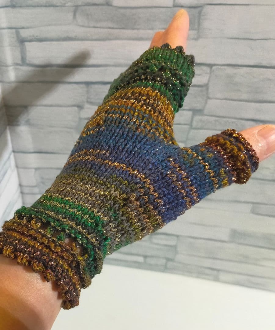 うさぴょん　7点セット　ハンドウォーマー　糸めぐり　青緑ラメ①406手編み