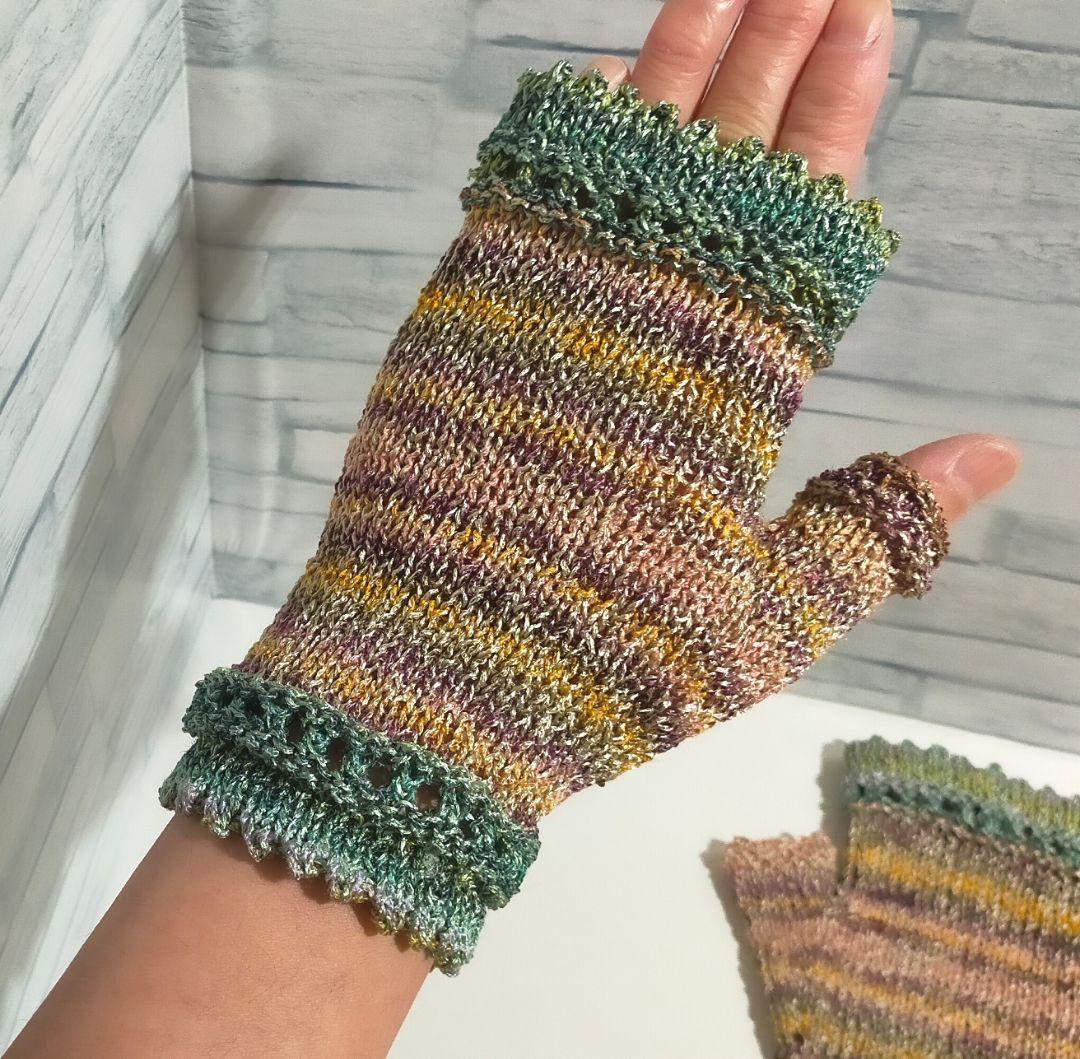 うさぴょん　7点セット　ハンドウォーマー　糸めぐり　青緑ラメ①406手編み