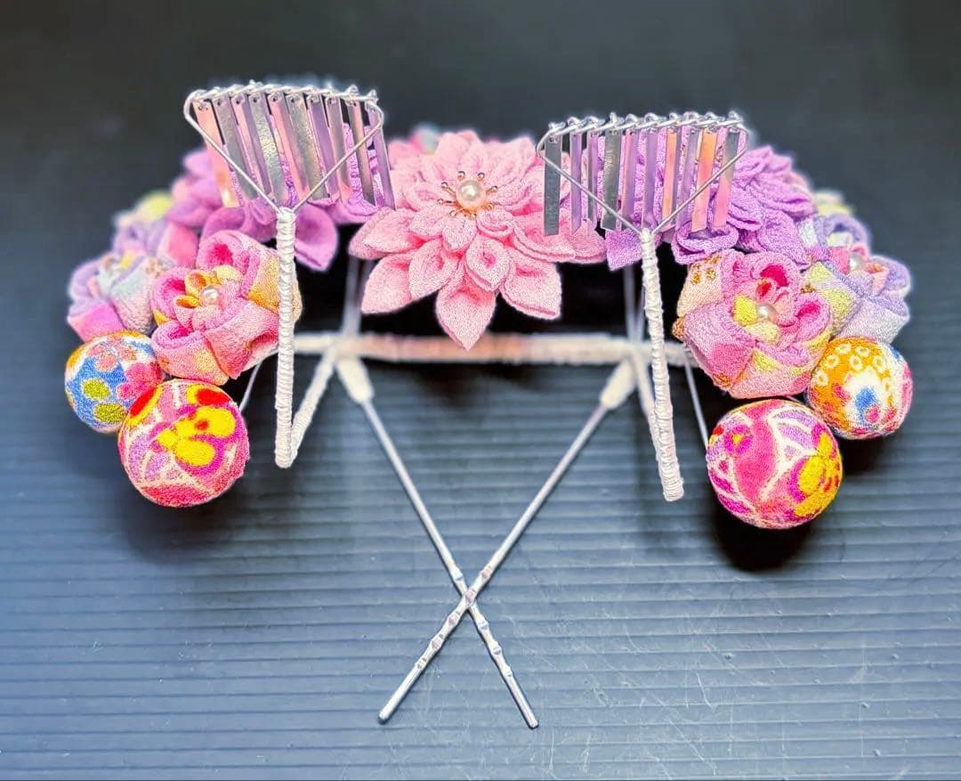 七五三髪飾りセット つまみ細工 パステルカラー ライラック色×桜色 7-30