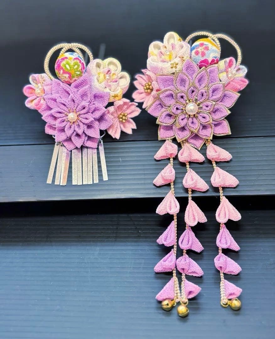 七五三髪飾りセット つまみ細工 パステルカラー ライラック色×桜色 7-30